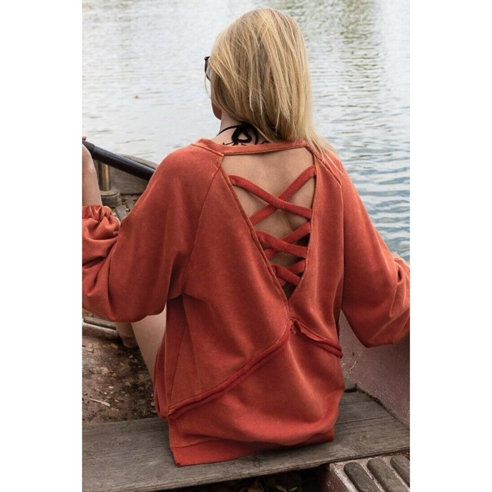POL Rusted Orange Criss Cross Back Slouchy French Terry Pullover - Picture 7 of 12